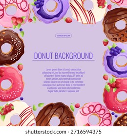 Fondo colorido con deliciosas donas. El concepto de confitería, horneado, cocina. Ilustración vectorial para el diseño de carteles, folletos, postales e invitaciones