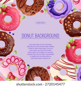 Fondo colorido con deliciosas donas. El concepto de confitería, horneado, cocina. Ilustración vectorial para el diseño de carteles, folletos, postales e invitaciones