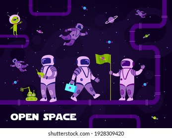 Colorful background design with astronauts making research. Happy cosmonauts exploring open space. Galaxy adventure and universe concept. Template for promotional or invitation web page