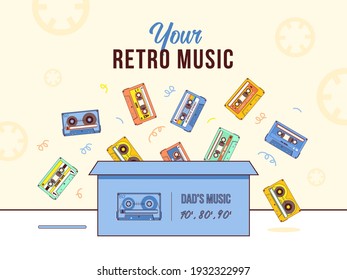 Colorful background design with audio cassettes in box. Colorful stereo tapes flying from box. Retro music and audio equipment concept. Template for promotional or invitation web page