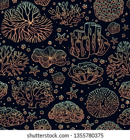 Colorful background for the design and decoration of fabrics, wallpapers, home textiles, packaging, and surfaces. Seamless vector pattern on the marine theme with beautiful corals.