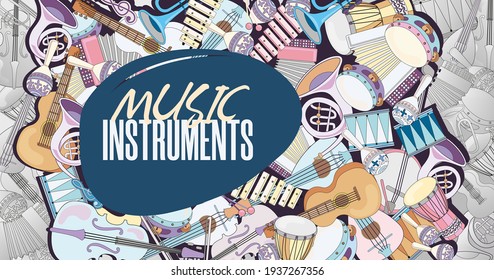 Colorful background design with musical instruments. Bundle of cartoon instruments for musician. Music and entertainment concept. Template for promotional or invitation web page