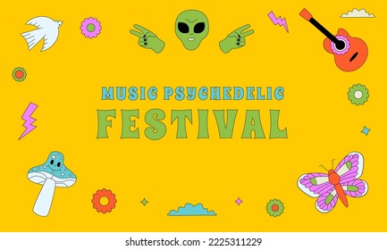 Colorful background design for a musical psychedelic festival, illustrated with crazy outlined figures.