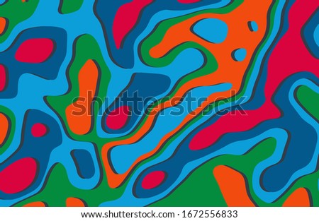Colorful background for design, paper cut effect, volumetric applique with prevailing raspberry, turquoise, orange and blue.