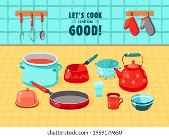 Colorful background design of various kitchen utensils. Kettle, bowl, pan, cup, whisk, oven gloves, spoon, glass on table. Cooking, kitchen tools, dishes concept for promotional or invitation web page