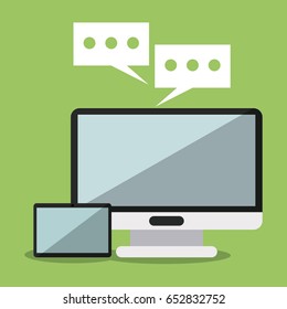 colorful background with desktop computer and tablet and dialogue speech