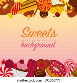 Colorful background with different sweets – candy, chocolate praline, cake, donut, cupcake, ice cream, lollipop, sugar cane, bonbon.