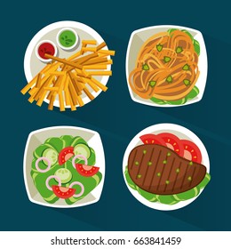 colorful background with dish foods with meat and pasta and salad and fries