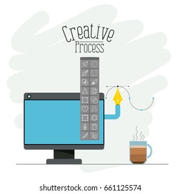 colorful background display computer and fountain pen with tool box creative process vector illustration