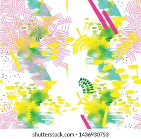 Colorful background with dots and blots inks. Stripes, zigzags, arrows. Bright summer background.
