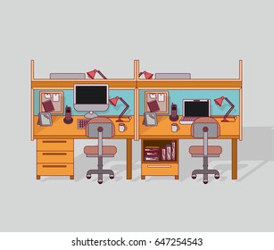 colorful background double work place office interior with filing cabinet with books vector illustration