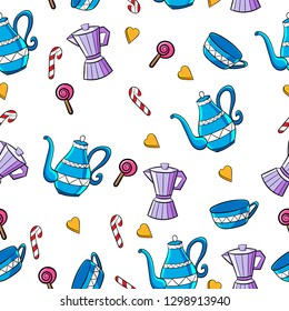 Colorful background with elements of tea and sweets. Hand drawn vector illustration. Can be used for menu, cafe, restaurant, bar, poster, fabric, wrapping paper, banner, scrapbooking and other design.