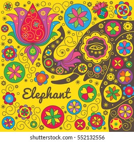Colorful background with an elephant. Vector drawing in Indian style.