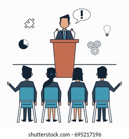 colorful background with executives men and women in corporate business conference