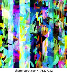 Colorful background, for fabric, book covers, wrapping paper. Shapeless spots like leaves. Pattern cut into vertical strips. Overlay, transparent. Abstract seamless vector template.