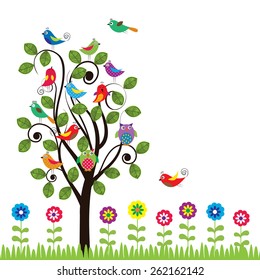 Colorful background with fanny birds and trees