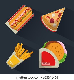 colorful background with fast foods burguer and hotdog and pizza and fries
