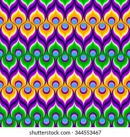 Colorful background from feathers of a peacock (motion illusion). Seamless pattern.