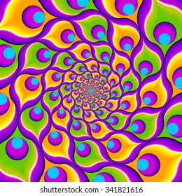 Colorful background from feathers of a peacock (spin illusion)