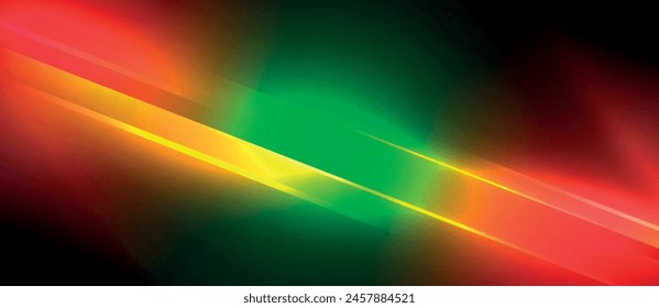 El fondo colorido presenta una vibrante mezcla de líneas diagonales rojas, amarillas y verdes, creando un patrón visualmente llamativo que recuerda a un cielo de neón al atardecer