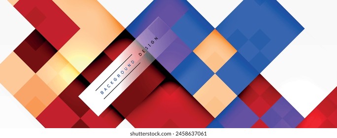 Colorful background featuring squares and arrows on a white backdrop, showcasing symmetry and patterns in vibrant hues like violet, magenta, and various tints and shades