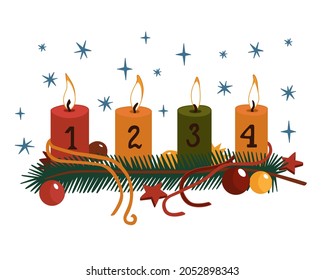 Colorful background with fir branches, streamers, Christmas balls and candles. Advent calendar of the fourth week. Merry Christmas and Happy New Year. Vector illustration on a white background.