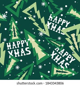 Colorful background with fir trees, snow, english text. Decorative cute backdrop vector. Happy New Year, seamless pattern. Winter time