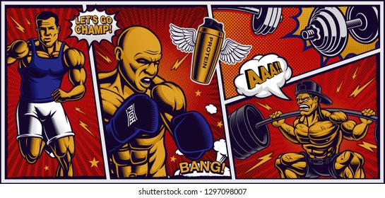 Colorful background for fitness center in pop art style, with cartoony illustrations of runner, fighter and bodybuilder.