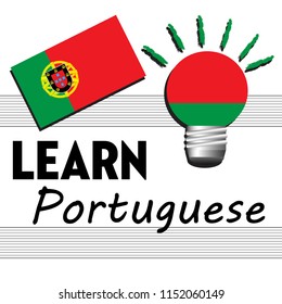 Colorful background with the flag of Portugal and the text learn Portuguese written with black letters