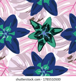 Colorful Background with Flowers and Leaves. Rainforest Flowers and Leaves. Jungle Pattern for your Design. Vector Texture with Exotic Flowers. Seamless Pattern with Tropical Leaves and Flowers.