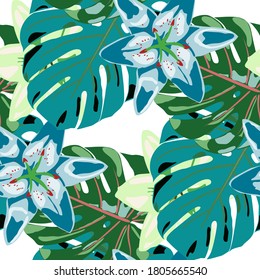 Colorful Background with Flowers and Leaves. Rainforest Flowers and Leaves. Seamless Pattern with Tropical Leaves and Flowers. Jungle Pattern for your Design. Vector Texture with Exotic Flowers.