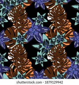 Colorful Background with Flowers and Leaves. Rainforest Flowers and Leaves. Vector Texture with Exotic Flowers. Jungle Pattern for your Design. Seamless Pattern with Tropical Leaves and Flowers.