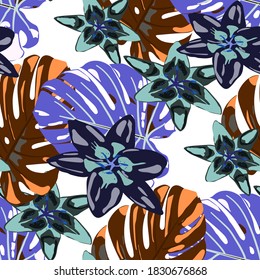 Colorful Background with Flowers and Leaves. Seamless Pattern with Tropical Leaves and Flowers. Rainforest Flowers and Leaves. Vector Texture with Exotic Flowers. Jungle Pattern for your Design.