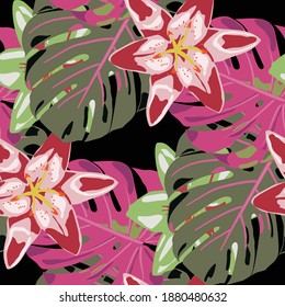 Colorful Background with Flowers and Leaves. Seamless Pattern with Tropical Leaves and Flowers. Jungle Pattern for your Design. Rainforest Flowers and Leaves. Vector Texture with Exotic Flowers.