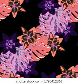 Colorful Background with Flowers and Leaves. Vector Texture with Exotic Flowers. Jungle Pattern for your Design. Seamless Pattern with Tropical Leaves and Flowers. Rainforest Flowers and Leaves.