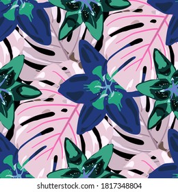 Colorful Background with Flowers and Leaves. Vector Texture with Exotic Flowers. Jungle Pattern for your Design. Rainforest Flowers and Leaves. Seamless Pattern with Tropical Leaves and Flowers.