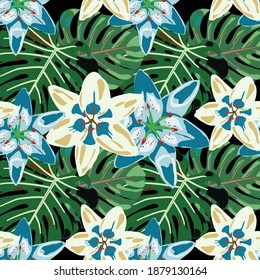 Colorful Background with Flowers and Leaves. Vector Texture with Exotic Flowers. Jungle Pattern for your Design. Rainforest Flowers and Leaves. Seamless Pattern with Tropical Leaves and Flowers.