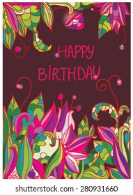 colorful background with flowers on a Burgundy background with the words happy birthday