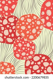 Colorful background with fly agaric hats and lines. Flat colorful illustration of red grebes on a light background. Flat drawing sketch. Vector illustration in a flat style.