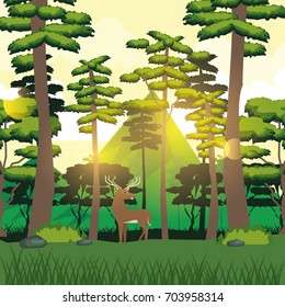 colorful background of forest and mountain landscape and deer