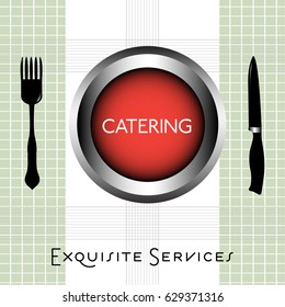 Colorful background with fork, knife and the word catering written inside of a red plate