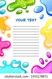 Colorful background frame with slime splashes, with copy space for text, children kids page vector