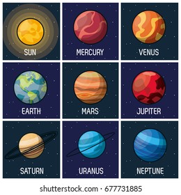 colorful background of frames with sun and planets of solar system