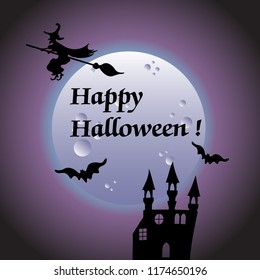 Colorful background with full moon, castle, bats and a witch flying on a broom. Halloween theme