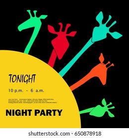 Colorful background with funny dancing giraffes. Useful for night party posters, disco flyers, as background, postcard.
