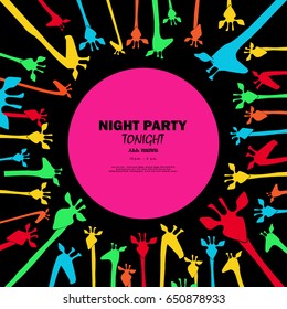 Colorful background with funny dancing giraffes. Useful for night party posters, disco flyers, as background, postcard.
