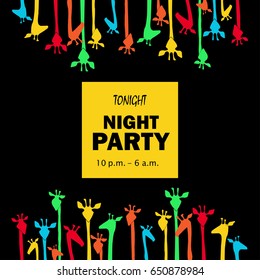 Colorful background with funny dancing giraffes. Useful for night party posters, disco flyers, as background, postcard.
