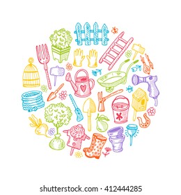 Colorful background with garden tools. Round circle composition. Hand drawn vector illustration. Poster, banner, badge, emblem, sticker, placard for your design. Boots, hatchet, saw, pruner and other.