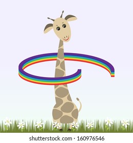 Colorful background with giraffe and rainbow