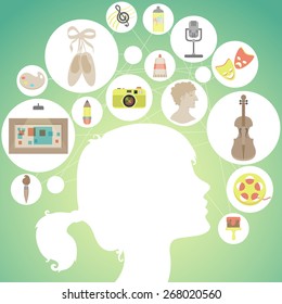 colorful background with girl silhouette and art icons